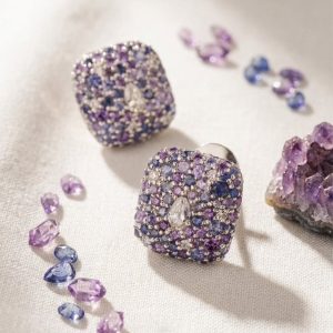 Purple sapphire cluster stud earrings with mixed gemstone setting by Arunbhai Maneklal Jhaveri