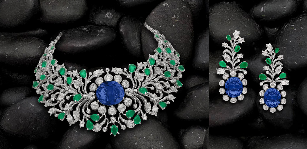 Tanzanite, emerald and diamond statement necklace set by Chosen by Tejpal Ranka 