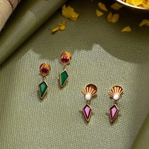 Lightweight gold earrings with green and ruby gemstone drops by Akshaya Gold & Diamonds