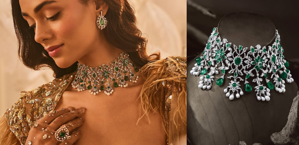 Diamond, pearl and emerald floral bridal choker by Chosen by Tejpal Ranka 