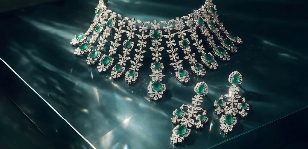 Floral diamond and emerald bridal necklace set by Chosen by Tejpal Ranka 