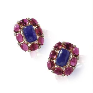 Pink and blue gemstone stud earrings with diamond accents by Jagdish Jewellers Chandigarh