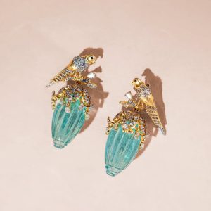 Blue carved gemstone bird earrings with diamond detailing by Kays Jewels