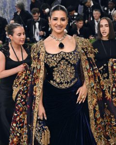 Sudha Reddy wearing a 550-carat tanzanite and diamond necklace at Met Gala 2026