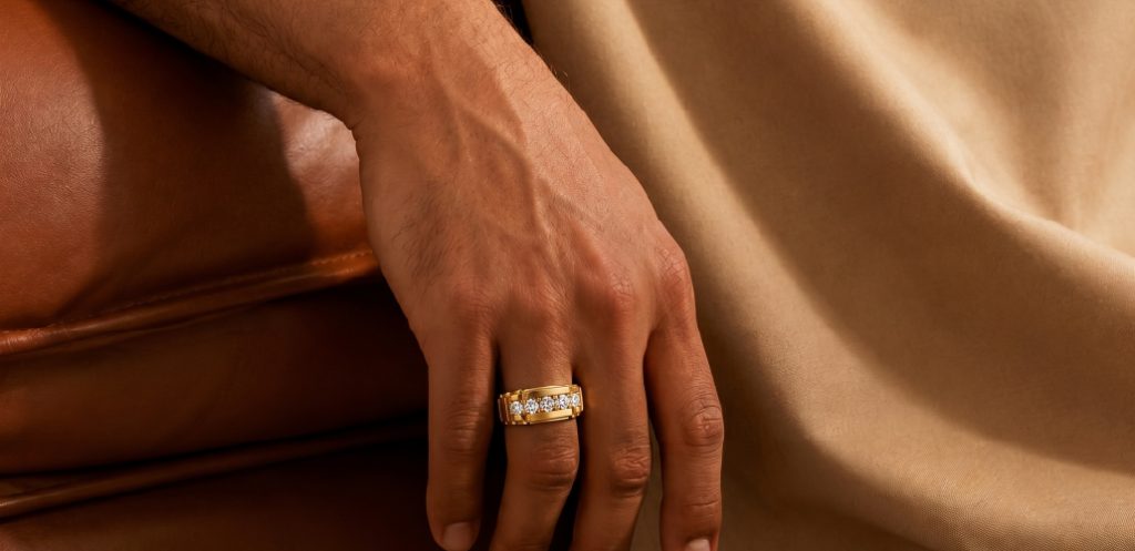 Men’s gold diamond band ring by DC Jewellers with modern design 