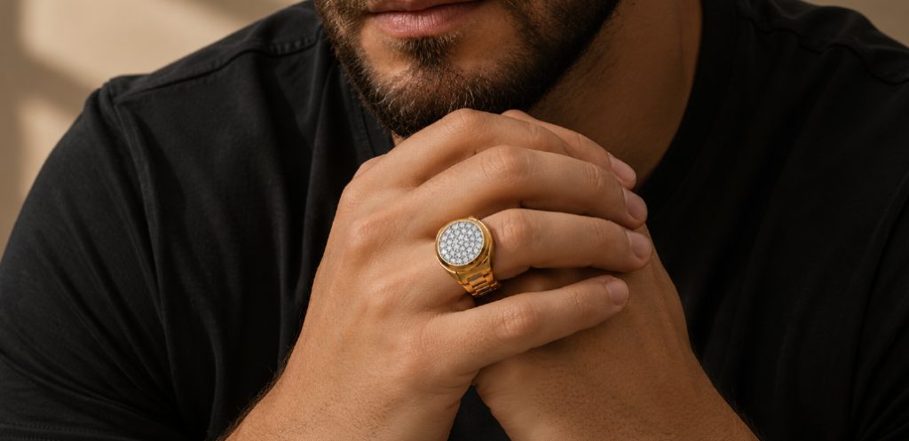 Bold men’s gold diamond statement ring by DC Jewellers with pavé setting 