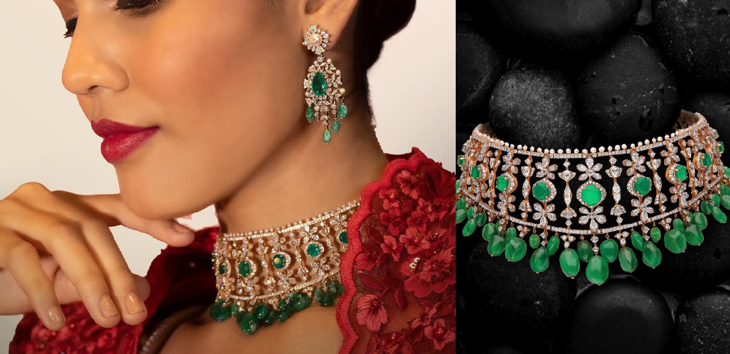 Emerald bead and diamond bridal choker by Chosen by Tejpal Ranka 
