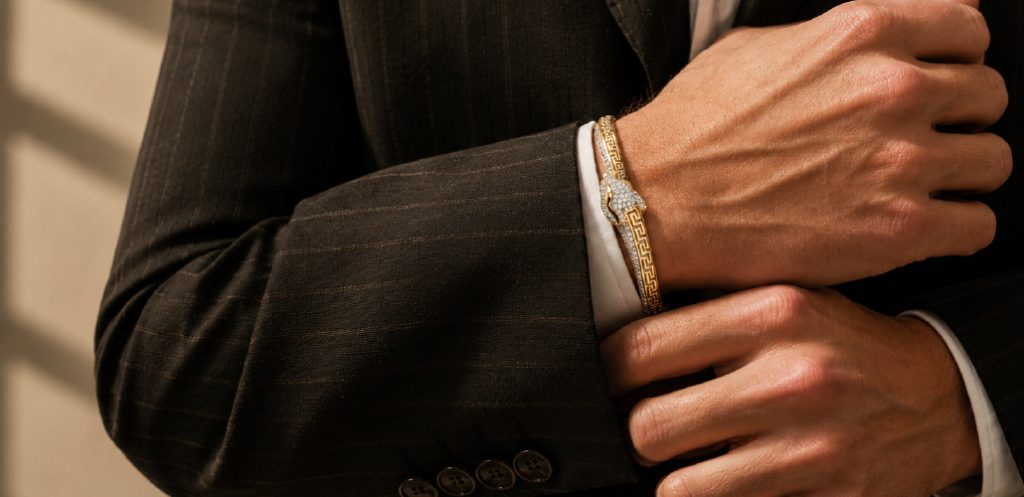 Men’s Greek key gold kada with diamond detailing by DC Jewellers 