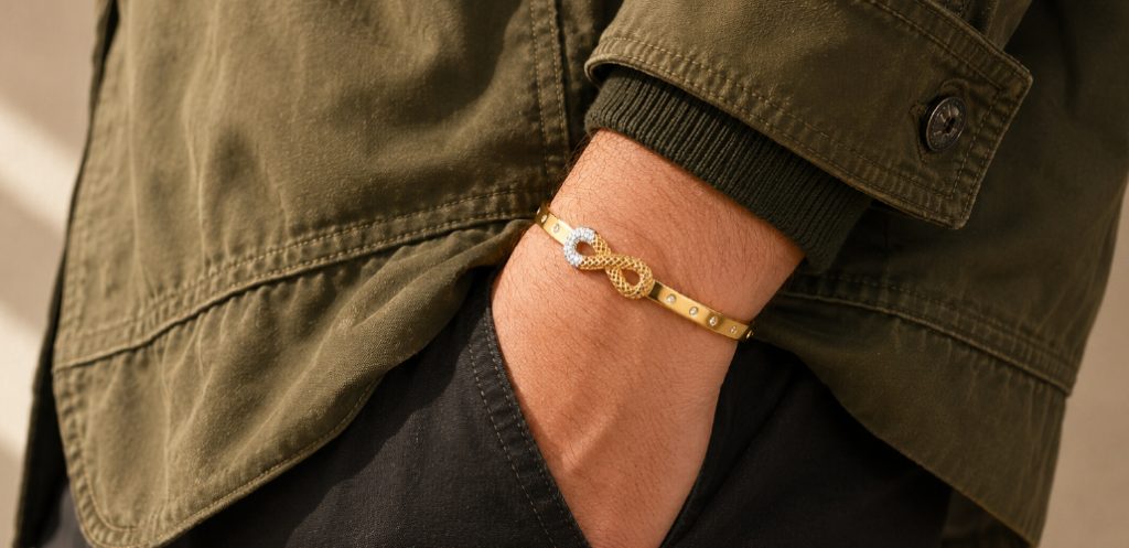 Men’s infinity gold kada with diamond detailing by DC Jewellers 