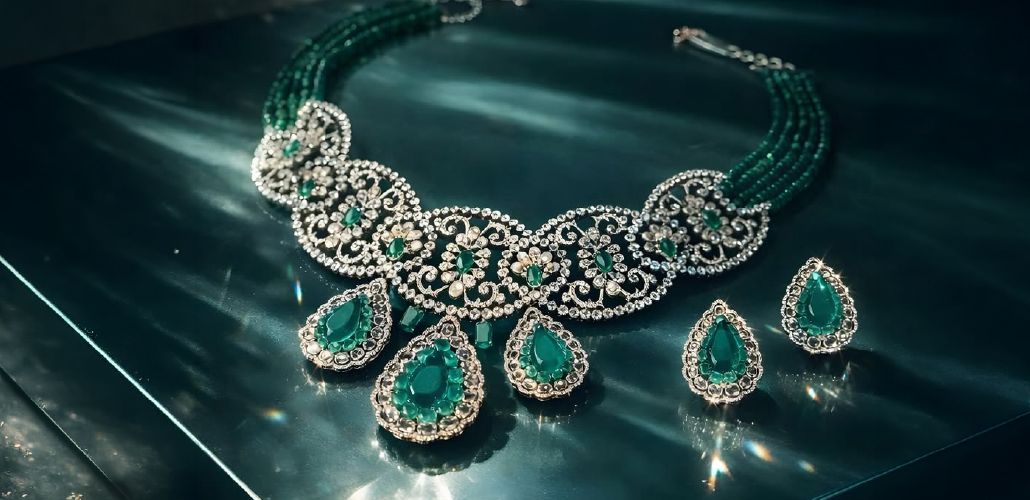 High jewellery diamond necklace with pear-shaped emerald drops by Chosen by Tejpal Ranka 