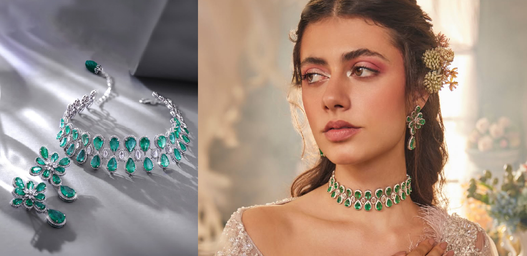 Contemporary emerald and diamond necklace set with matching earrings by Chosen by Tejpal Ranka 