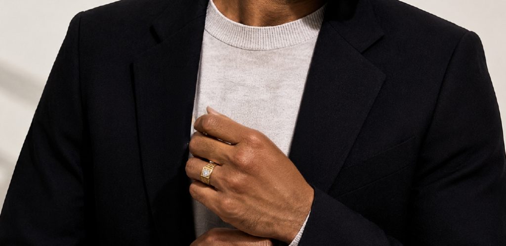 Men’s gold solitaire diamond ring by DC Jewellers with textured band design 