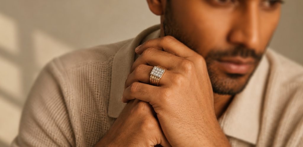 Men’s square gold ring with diamond cluster design by DC Jewellers 