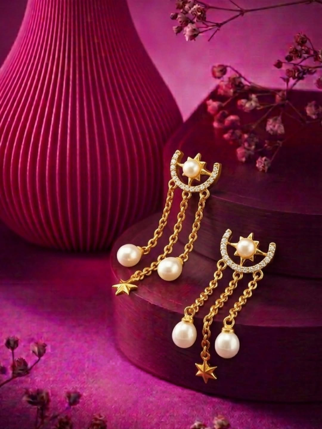 Celestial pearl earrings with stars and diamonds in gold by Sanya Fine Jewellery by Abaran