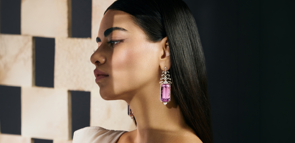 Close-up profile of pink kunzite and diamond statement earrings from Hazoorilal Legacy Facets collection.