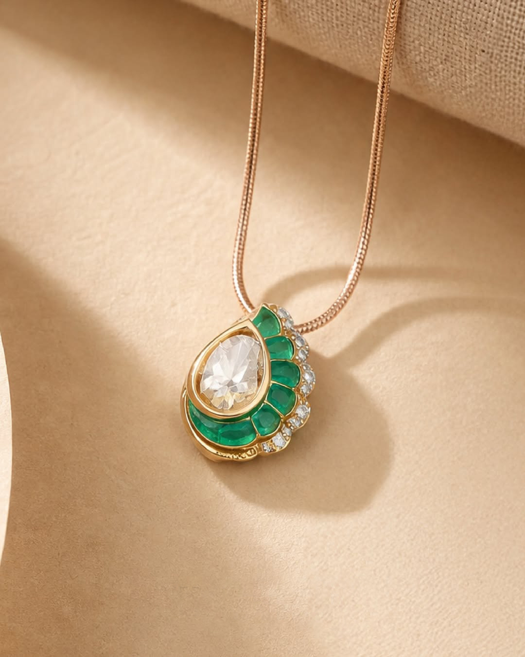Emerald and ruby accented Polki jewellery by Verma Jewellers featuring contemporary pendant and earring designs crafted with uncut diamonds, diamond accents, and fine gold detailing