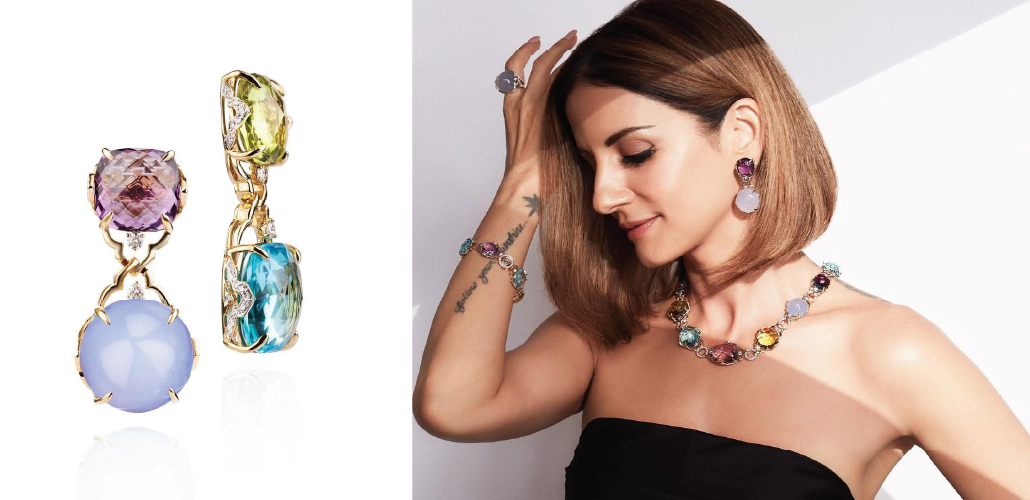 Farah Khan Atelier gemstone earrings featuring pastel coloured stones and diamond accents