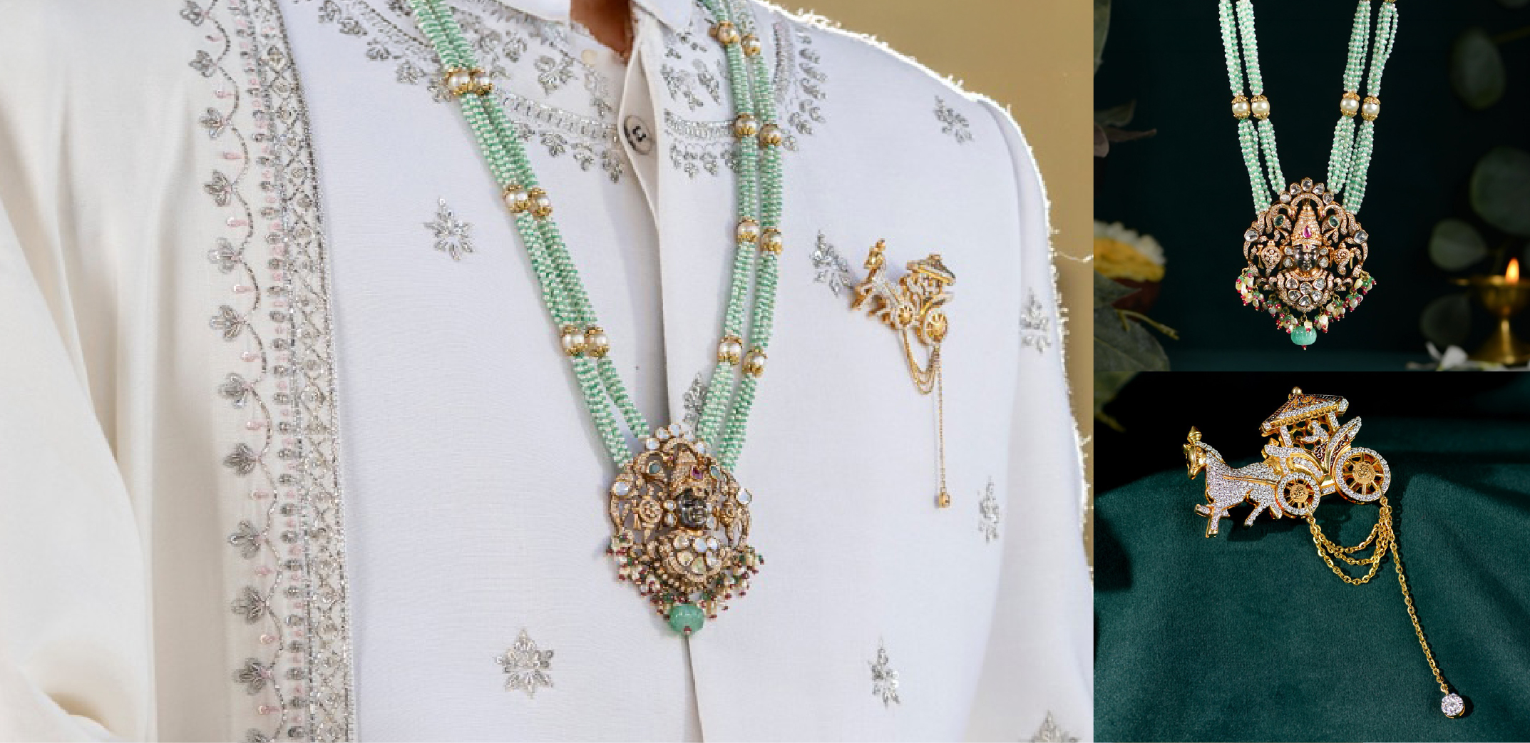 Groom wearing mint green beaded necklace with ornate pendant and diamond horse carriage brooch by Krishna Jewellers