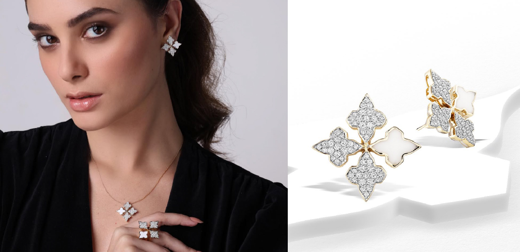 Farah Khan Atelier Aayat diamond earrings with white enamel floral motifs in gold 
