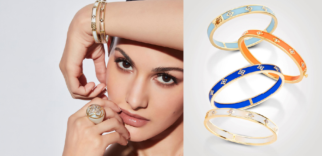 Farah Khan Atelier colourful enamel bangles with diamond motifs in gold 