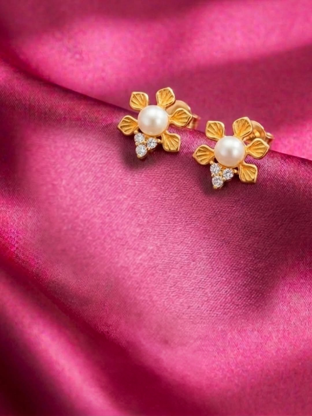 Floral pearl stud earrings in gold and diamonds by Sanya Fine Jewellery by Abaran