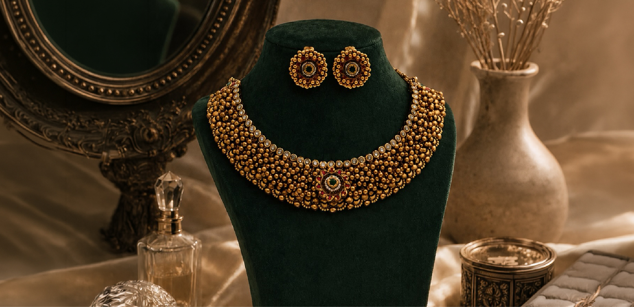 K K Jewels traditional gold beadwork choker necklace with matching earrings