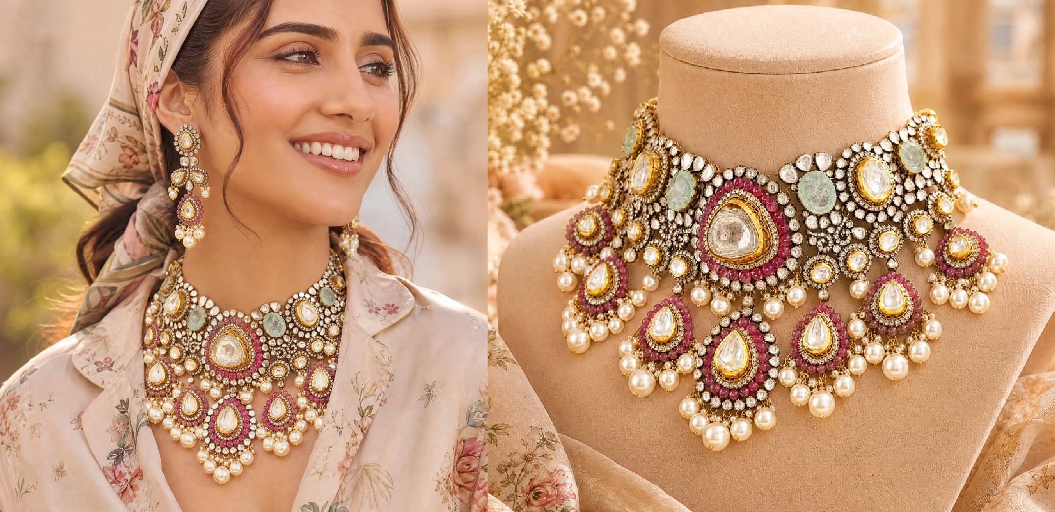 SS Jewellers statement necklace with polki, pearls and pink accents for wedding celebrations