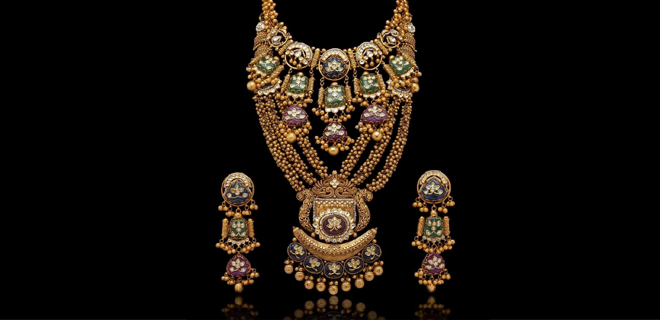 Kays Jewels antique gold necklace set with colourful enamel detailing and matching earrings
