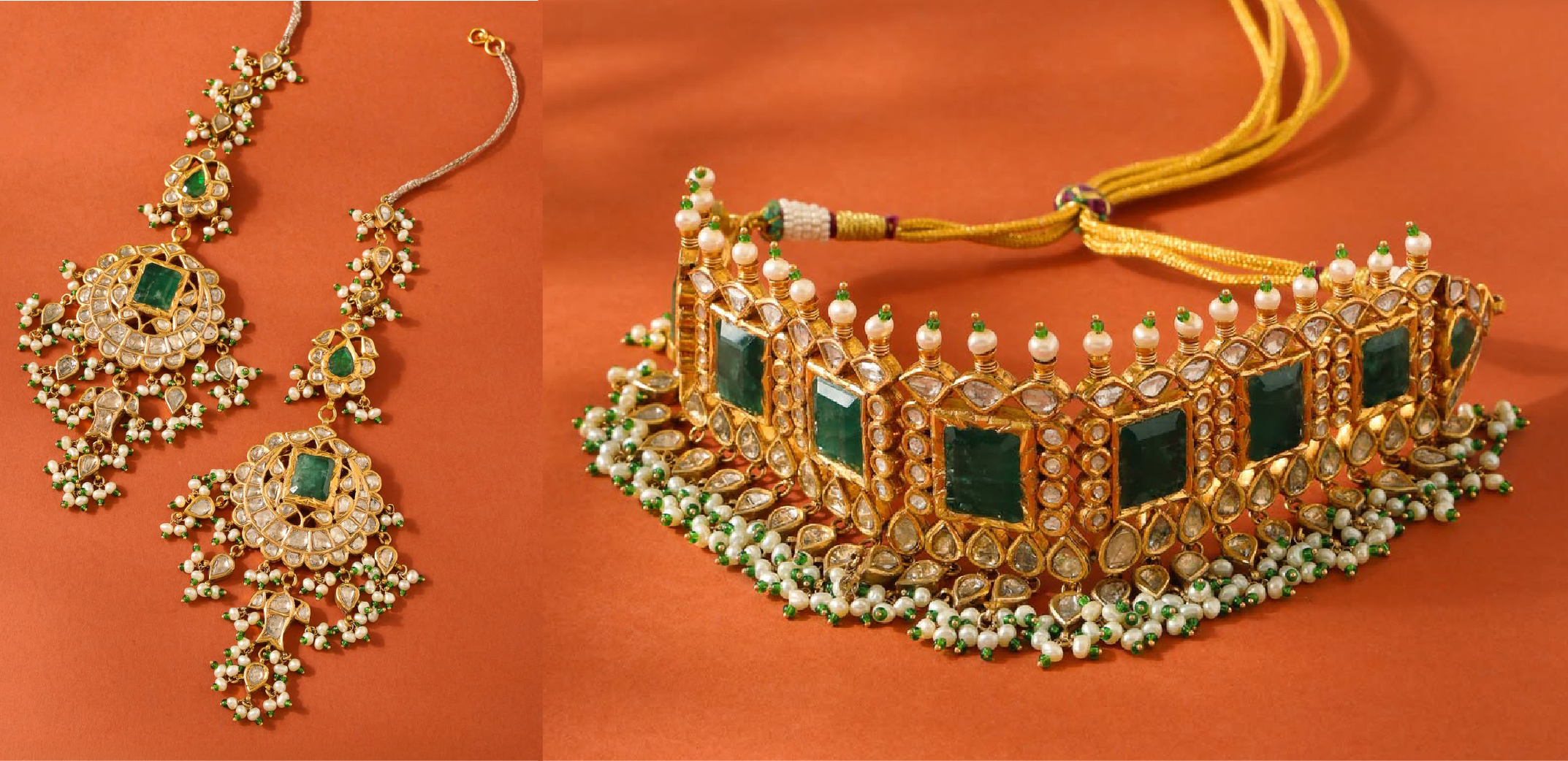 Jagdish Jewellers Chandigarh emerald and polki statement jewellery set with pearl detailing