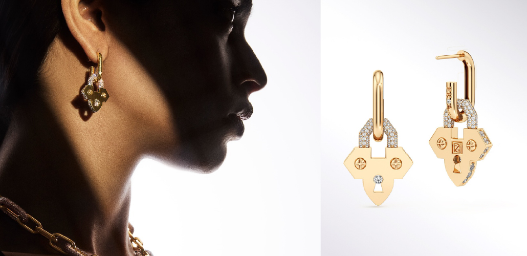 Farah Khan Atelier geometric pendant and lock-inspired diamond earrings in gold