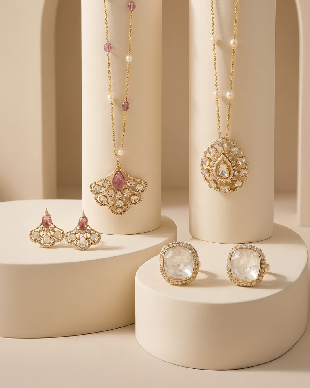 Designer Polki jewellery set by Verma Jewellers showcasing uncut diamond necklaces, earrings, and rings with modern luxury craftsmanship