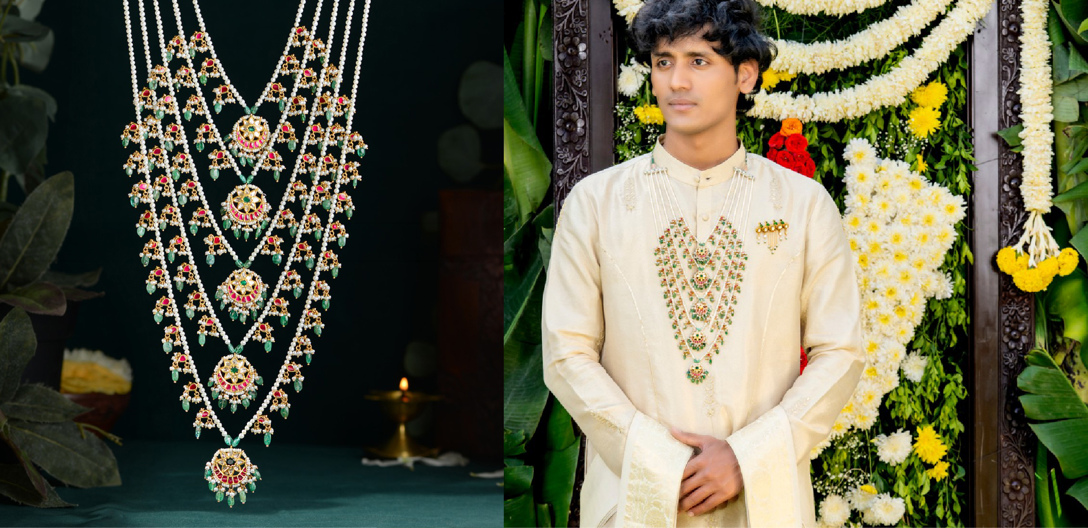 Layered gemstone and pearl groom jewellery by Krishna Jewellers styled with traditional cream wedding attire 