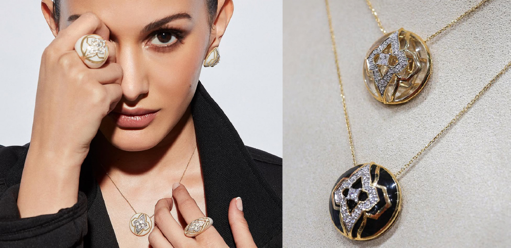 Farah Khan Atelier black enamel pendant necklaces with diamond symbolic motifs in gold