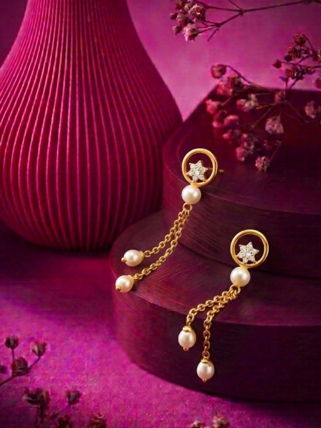 Pearl and star drop earrings in contemporary gold design by Sanya Fine Jewellery by Abaran