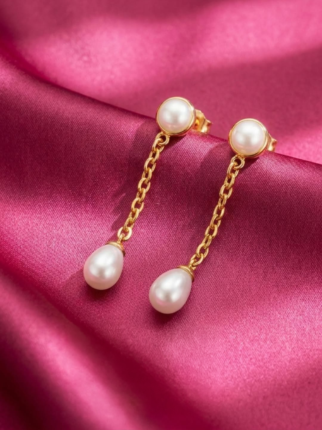 Pearl chain earrings in gold for everyday luxury by Sanya Fine Jewellery by Abaran