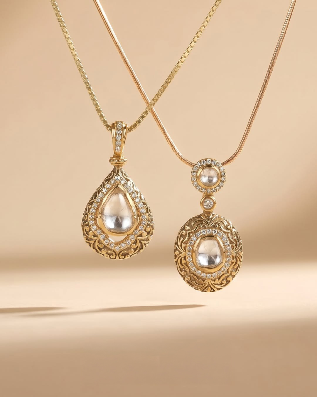 Statement Polki pendant necklaces by Verma Jewellers featuring intricate gold motifs, sparkling diamond accents, and timeless heritage craftsmanship for everyday luxury