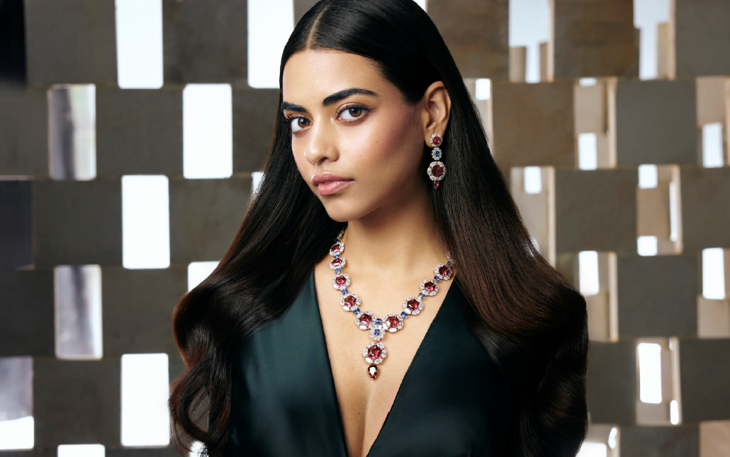 Pink gemstone and diamond necklace with matching earrings from Hazoorilal Legacy Facets high jewellery collection.