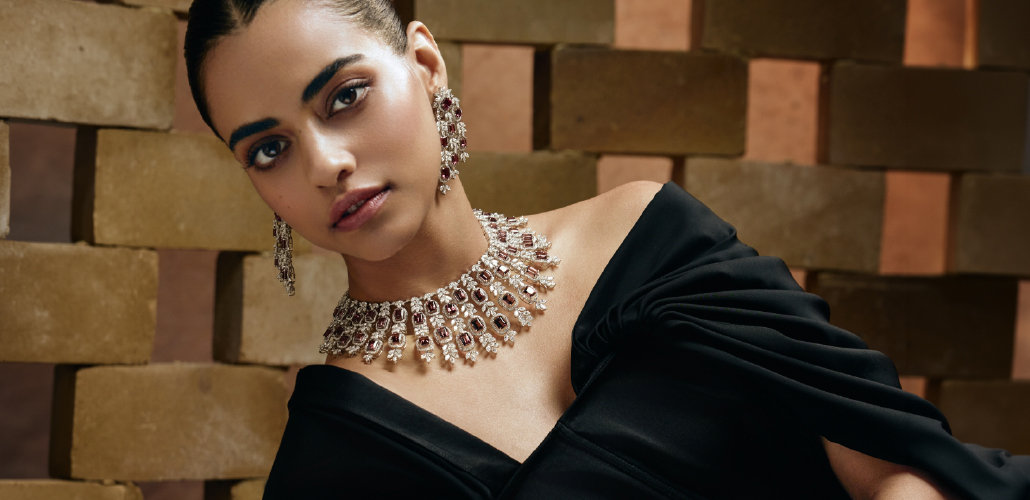 Rubellite and diamond high jewellery necklace with matching earrings from Hazoorilal Legacy Facets collection.