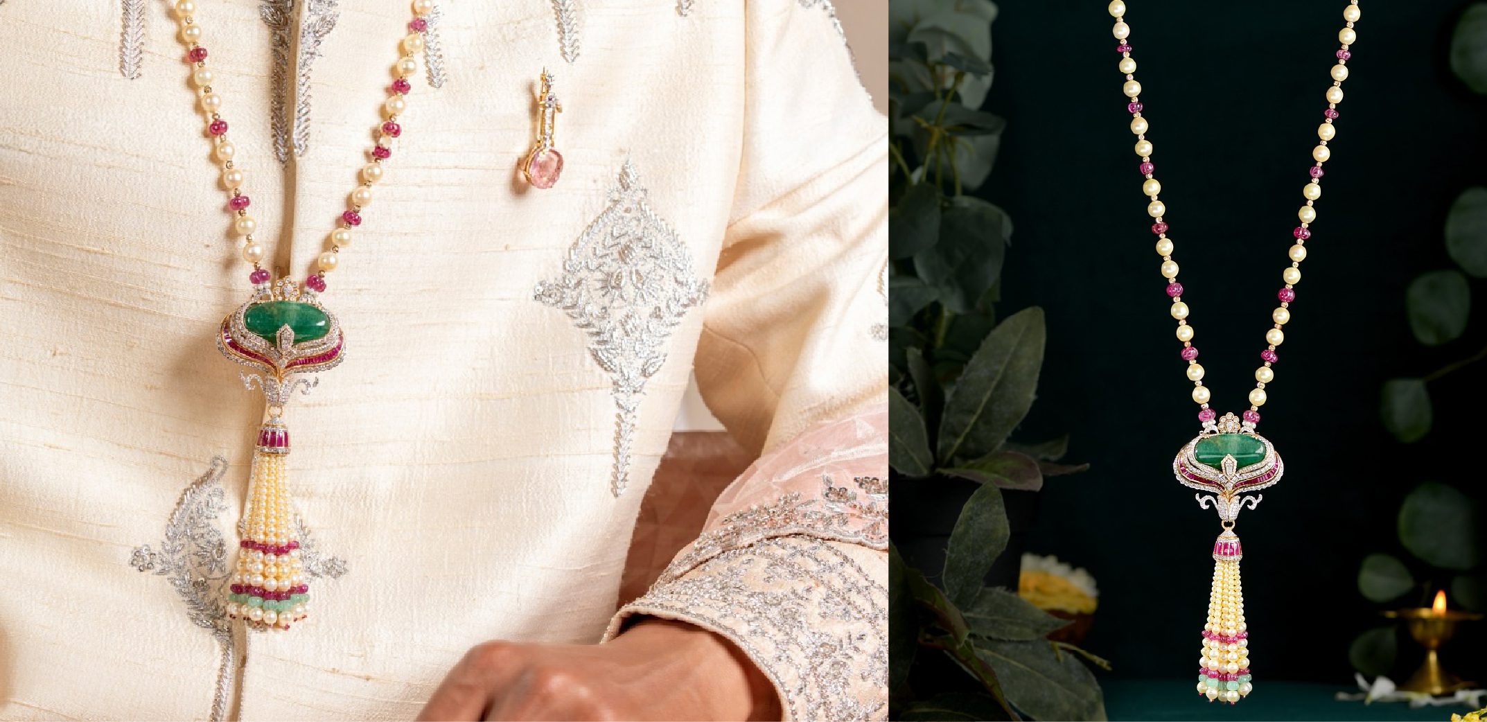Pastel groom sherwani styled with pearl necklace featuring emerald pendant and diamond bird brooch by Krishna Jewellers