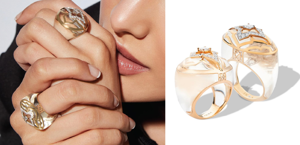 Farah Khan Atelier sculptural gold rings with diamond detailing inspired by Kashmir
