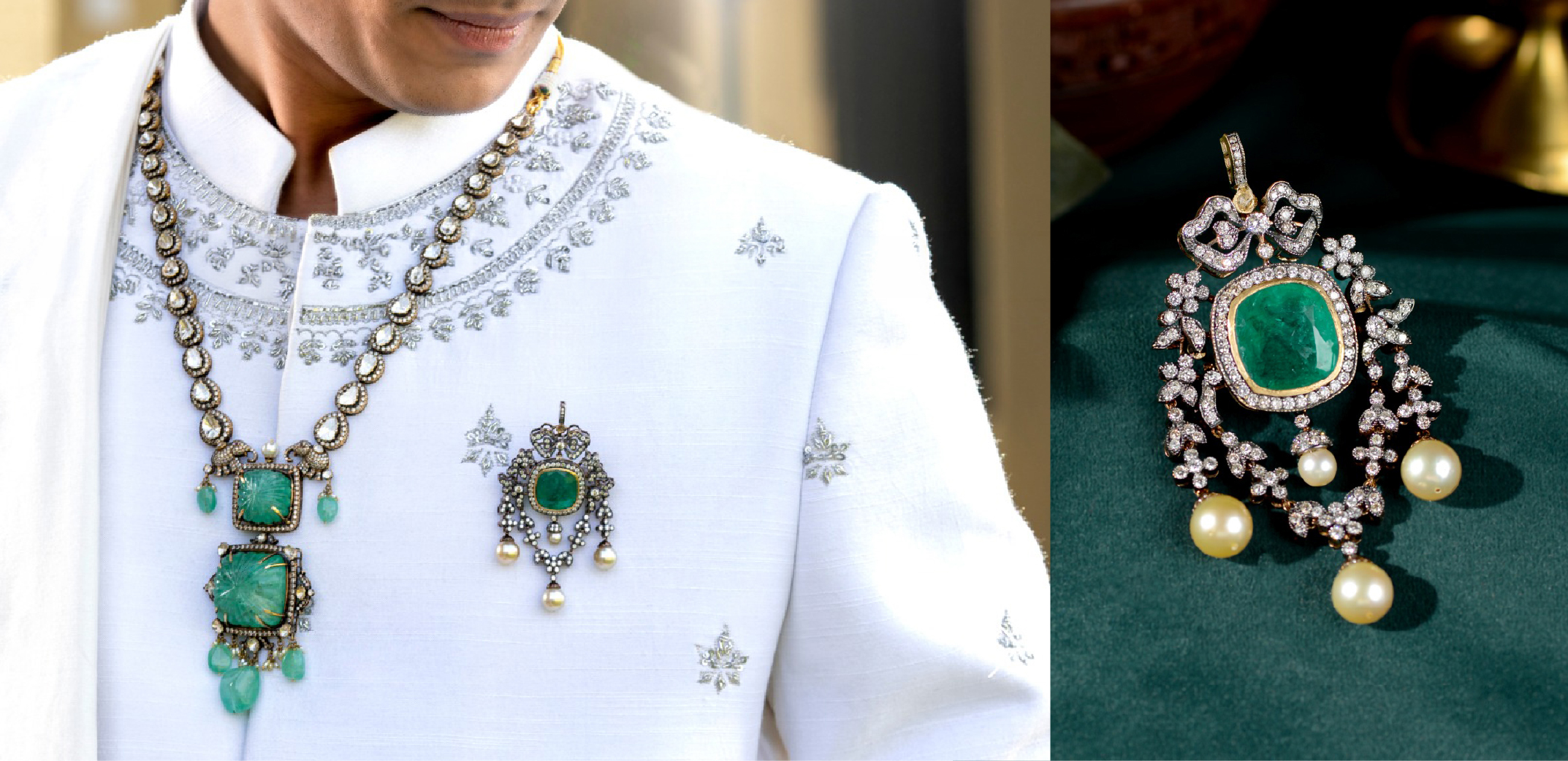 Krishna Jewellers groom necklace with carved emerald pendant, diamonds and pearl accents paired with ivory wedding sherwani 