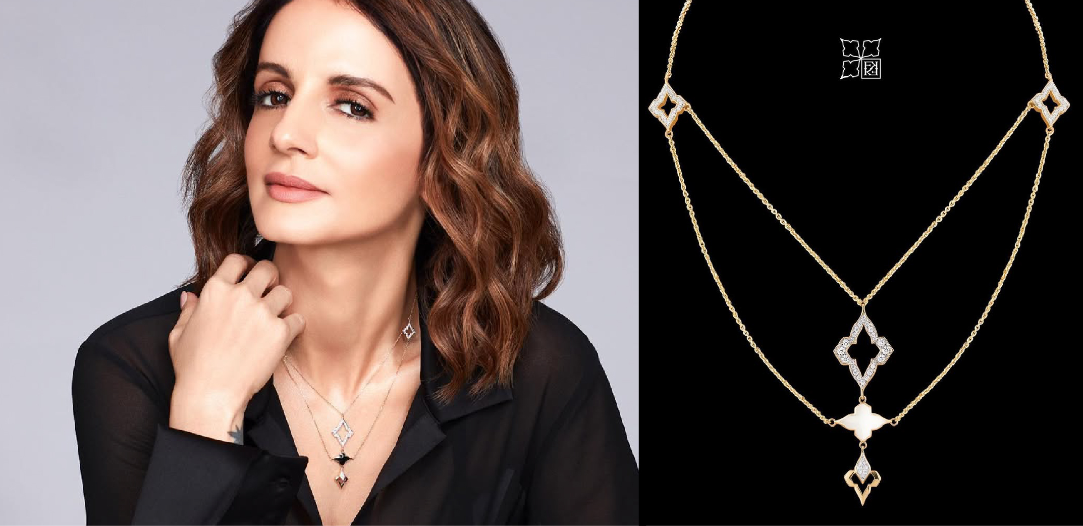 Farah Khan Atelier layered Aayat necklace with enamel motifs and diamond detailing in gold