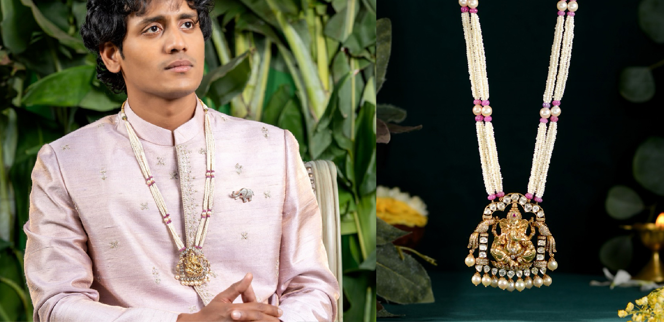 Traditional Lord Ganesha pearl necklace for grooms featuring diamond accents and handcrafted pendant by Krishna Jewellers 