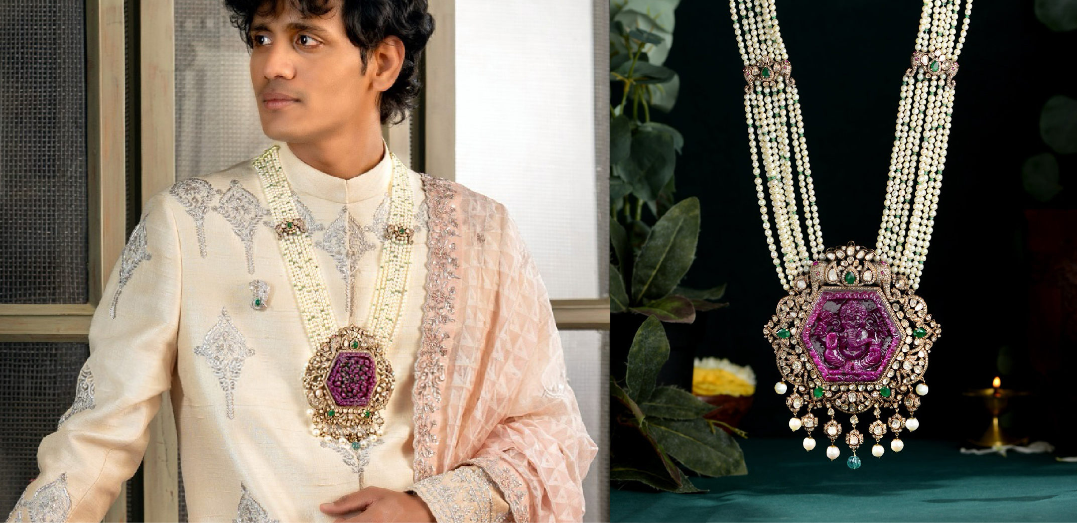 Pearl mala with ruby accents and traditional pendant from Krishna Jewellers groom jewellery collection