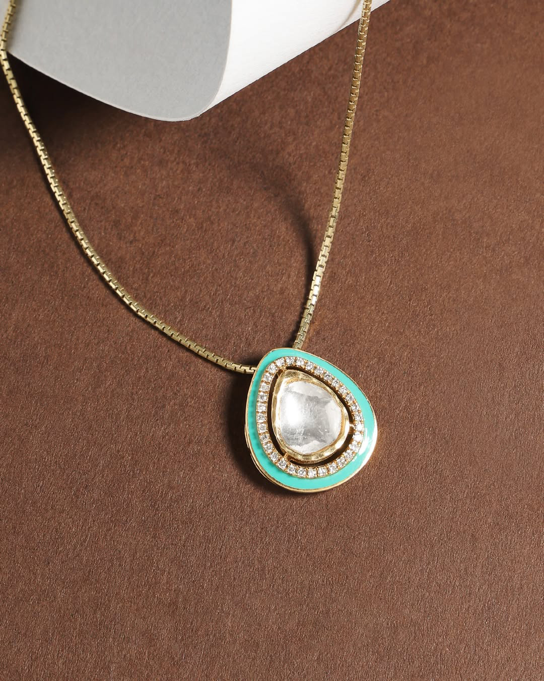 Modern Polki pendant necklace with turquoise enamel, uncut diamond, and diamond accents by Verma Jewellers