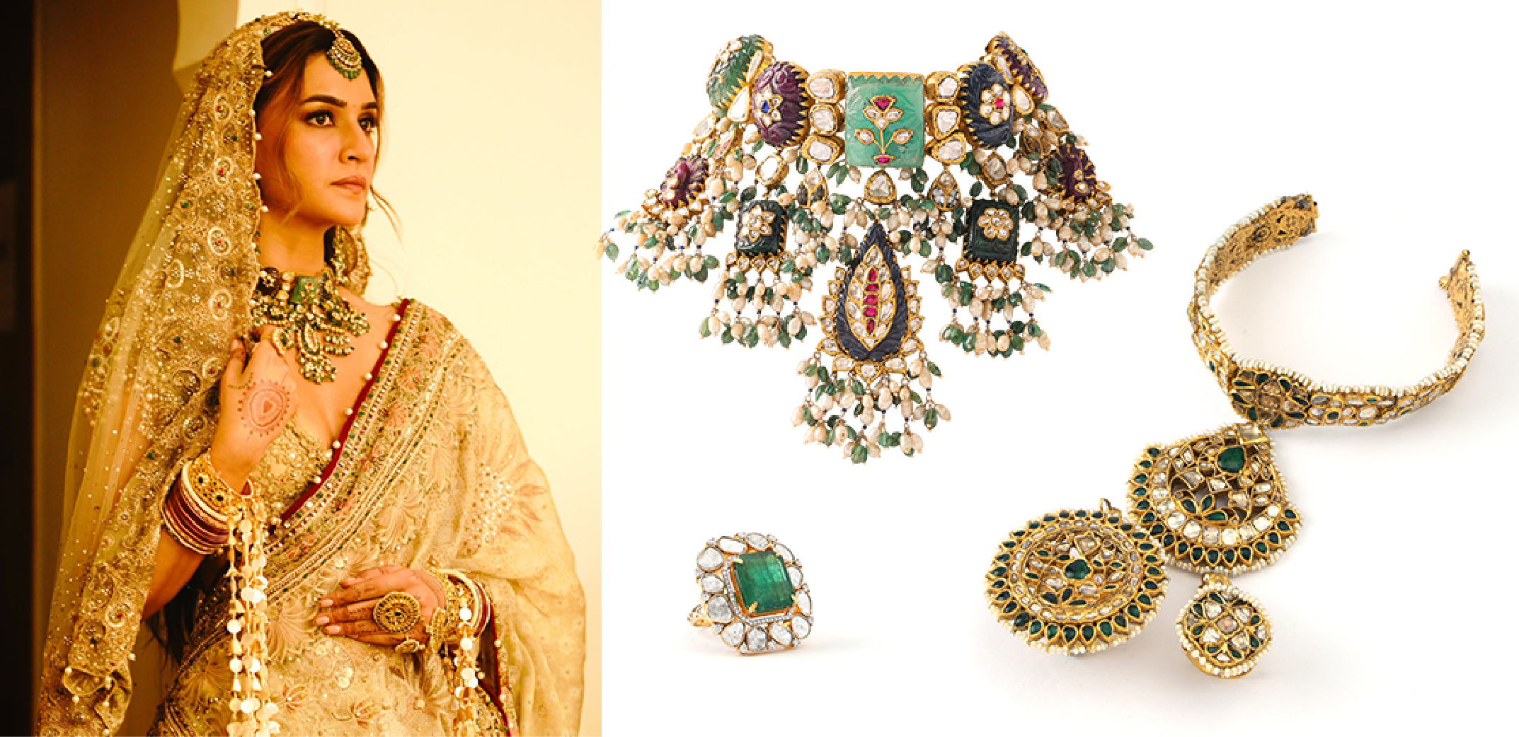 Kriti Sanon's Cocktail 2 bridal look featuring handcrafted emerald, polki and pearl wedding jewellery by Jagdish Jewellers