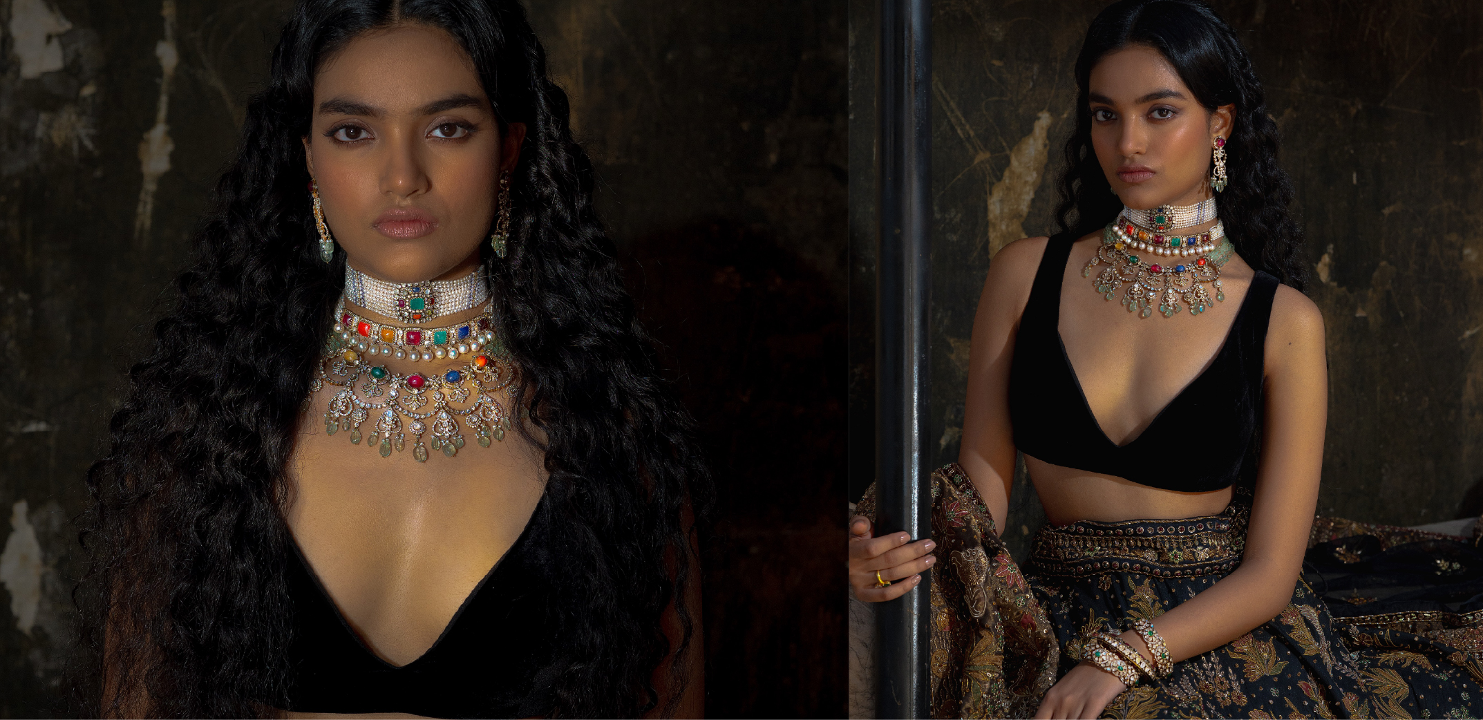 Model wearing Akoya Jewels BASRA collection featuring a multi-coloured gemstone choker, diamond jewellery, statement earrings and heritage-inspired bridal jewellery influenced by Nizami-era glamour.