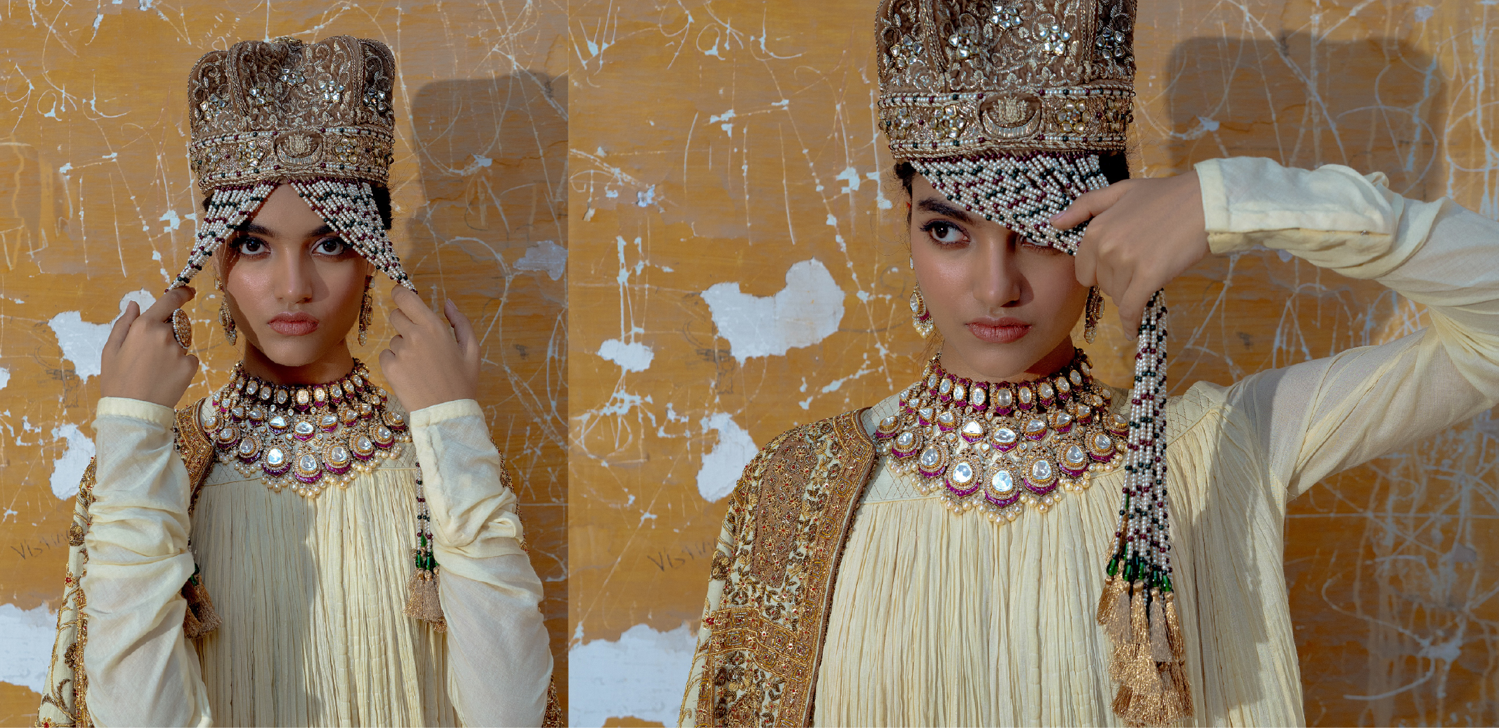 Model wearing Akoya Jewels BASRA collection featuring diamond, ruby and pearl bridal jewellery with statement necklace, royal headpiece and Nizami-inspired heritage craftsmanship.