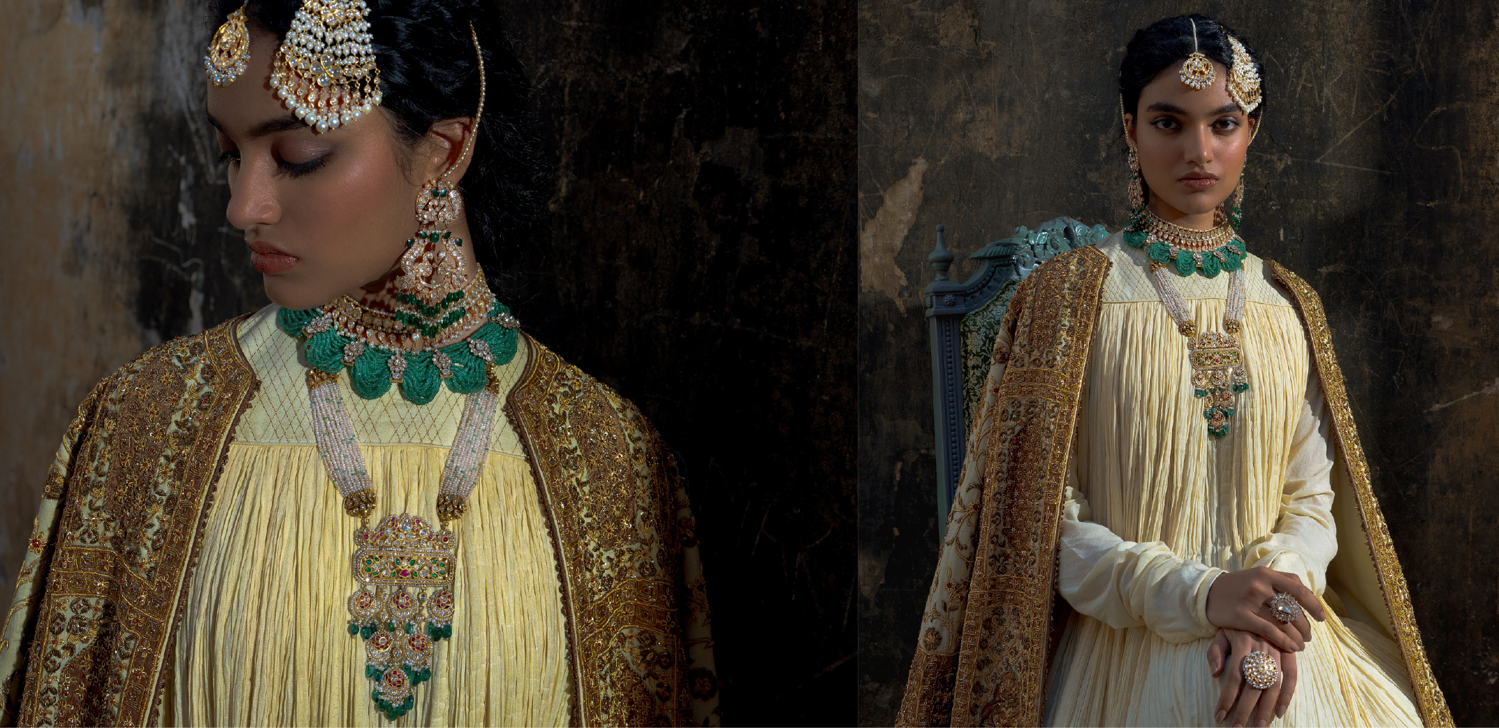 Model wearing Akoya Jewels BASRA collection featuring emerald, pearl and diamond bridal jewellery, statement maang tikka, heritage necklace and Nizami-inspired luxury craftsmanship.