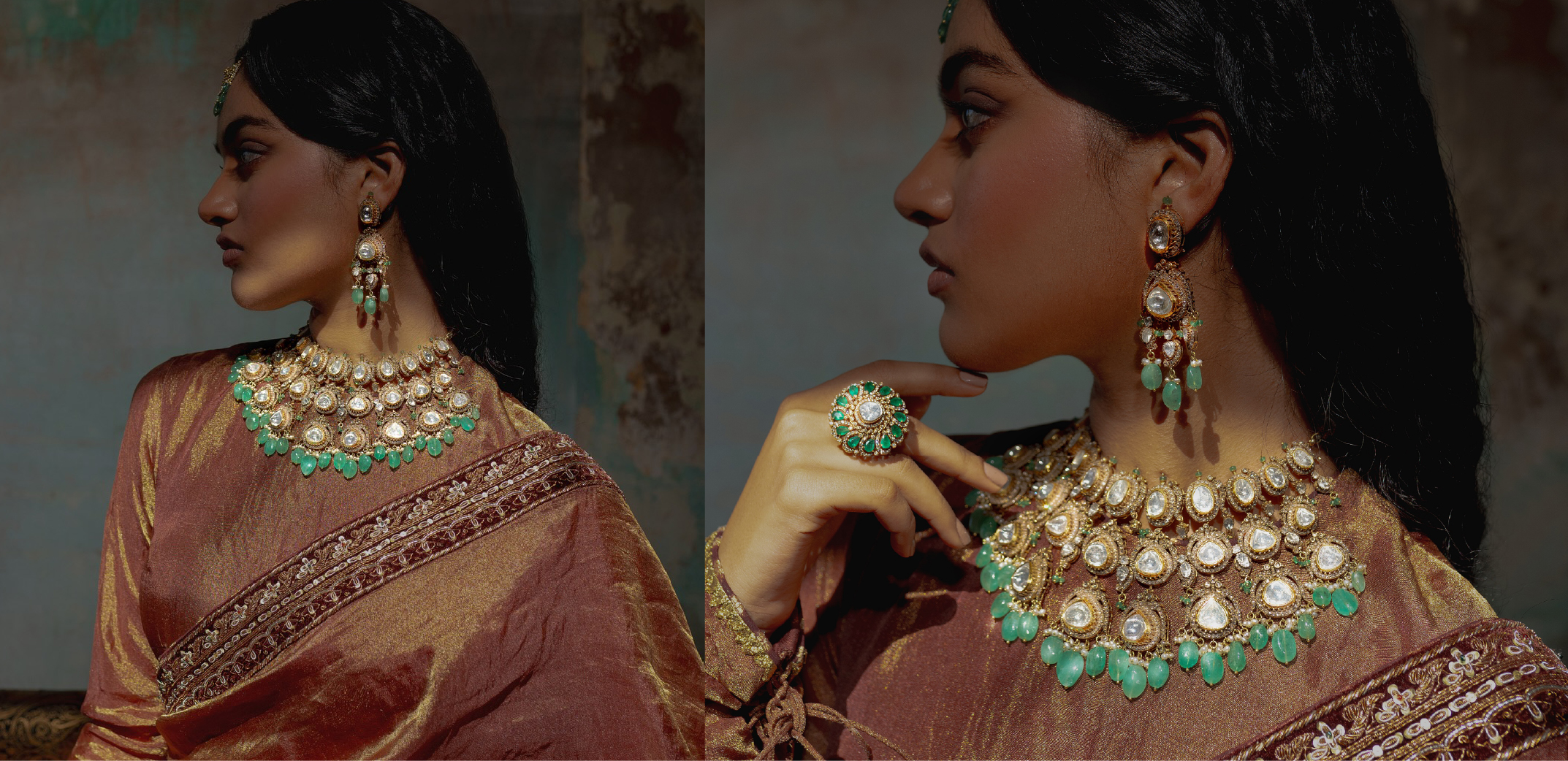 Model wearing Akoya Jewels BASRA collection featuring layered emerald, diamond and pearl bridal jewellery, statement earrings and Nizami-inspired heritage jewellery styling.